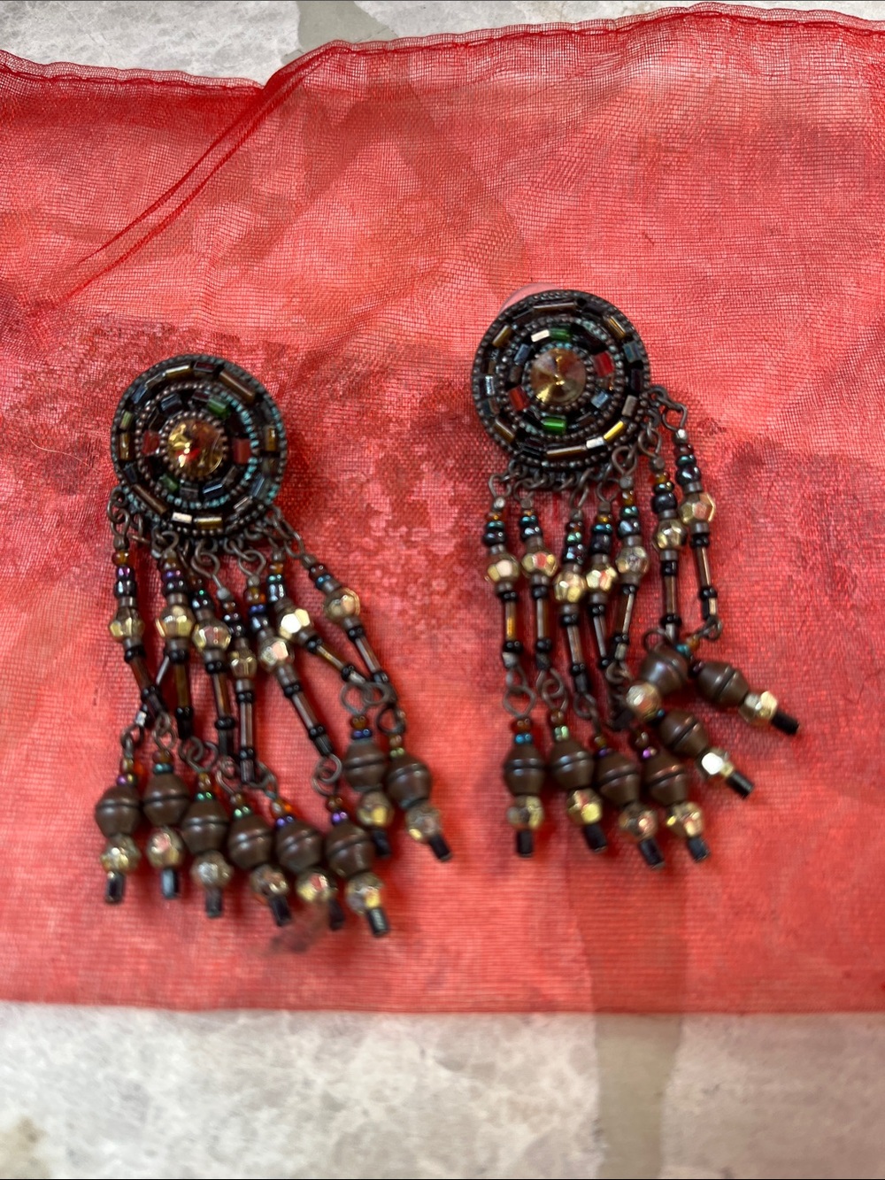 Bohemian Brown Beaded Fringe Earrings with Multi-Tone Accents